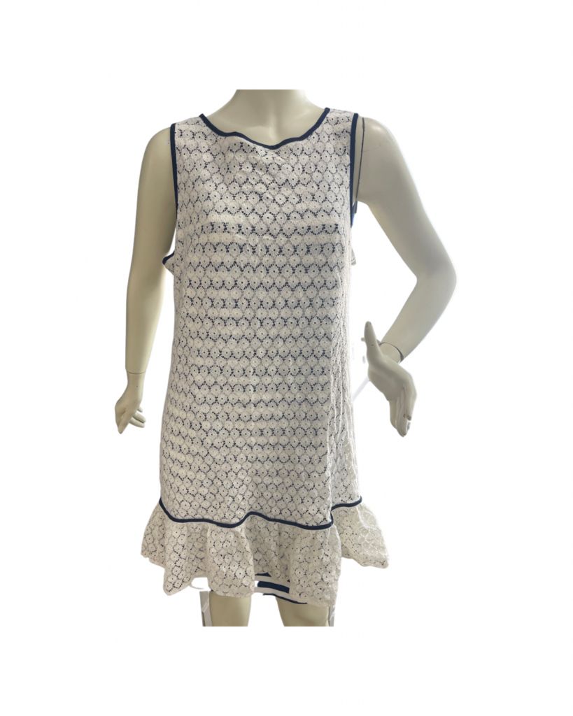 J. Taylor Ivory and Blue Striped Lace Sleeveless Dress