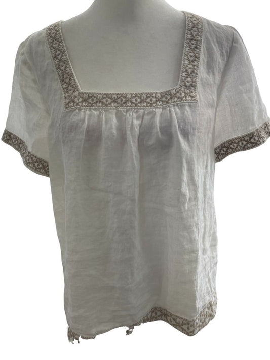 J Crew White Blouse with Beige Embroidery at Square Neck