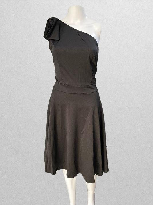 Jasambac Black One Shoulder Tie Midi Dress with Pockets