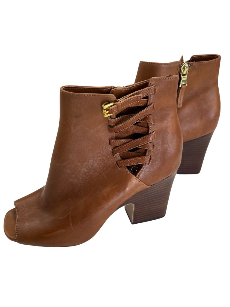 Lauren Ralph Lauren Brown Peep Toe Crisscross Heeled Boots