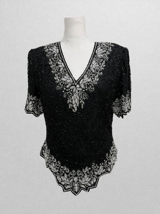 Laurence Kazar  Vintage Black Sequin Short Sleeve Blouse