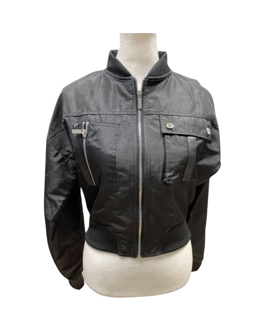 Maniere De Voir Black Cropped Bomber Jacket with Mesh Back