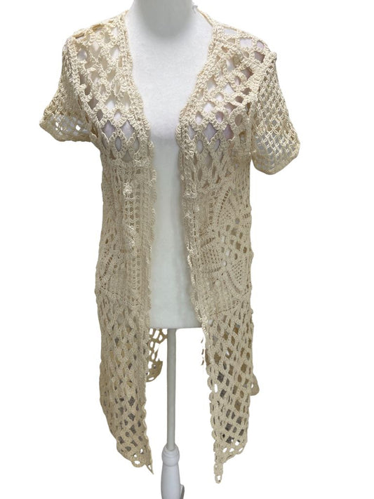 Maurices Taupe "Crocheted" Open Front Short Sleeve Cardigan