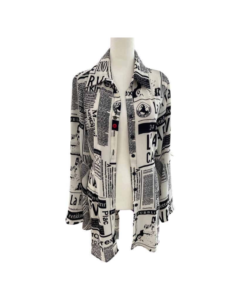 Mishca Black/White Patterned Long Sleeve Button Up Tie Front Blouse