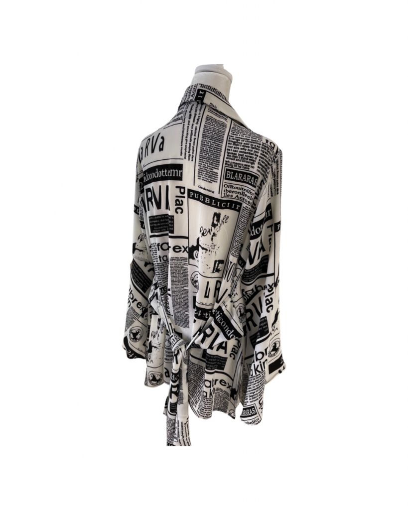 Mishca Black/White Patterned Long Sleeve Button Up Tie Front Blouse
