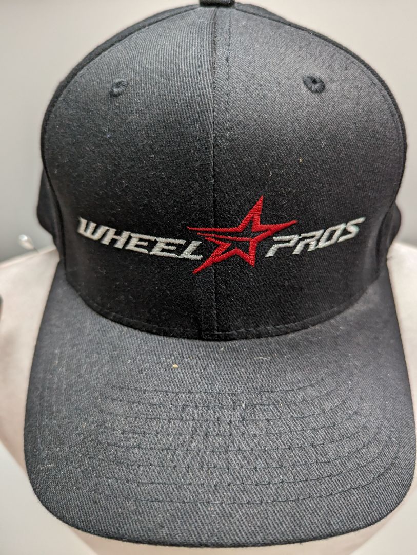 Flexfit Black Hat with 'Wheel Pros' and Logo on Front