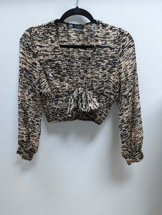 Zara Pink Leopard Long Sleeve Crop Top