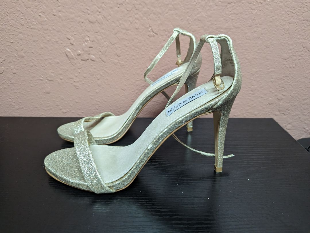 Steve Madden Gold Glitter Ankle Strap Heels