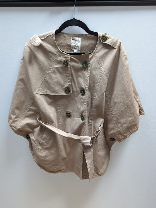 (FLAWED GEM) Tulle Tan Khaki Belted Cape Jacket with Floral Lining