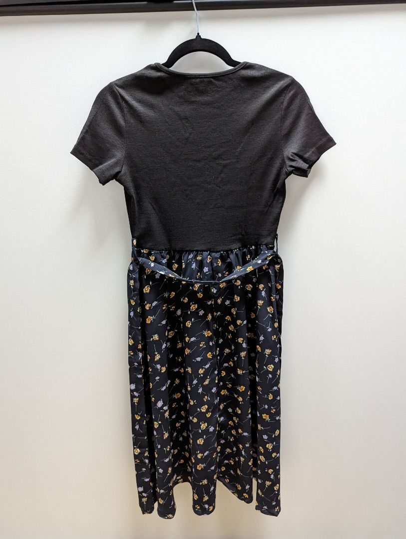 Shein Black Floral Short Sleeve Ribbed Midi Dress
