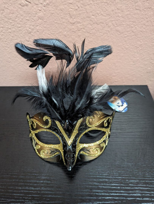 Ubauta Black and Gold Feathered Venetian Masquerade Mask Costume Accessory