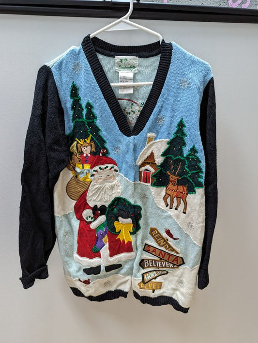 Vintage Quacker Factory Blue/Black Ugly Christmas Sweater Cardigan