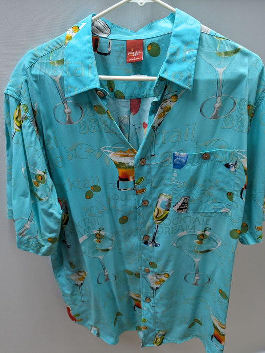 Junction West Vintage Turquoise with Cocktails Short Sleeve Button Shirt