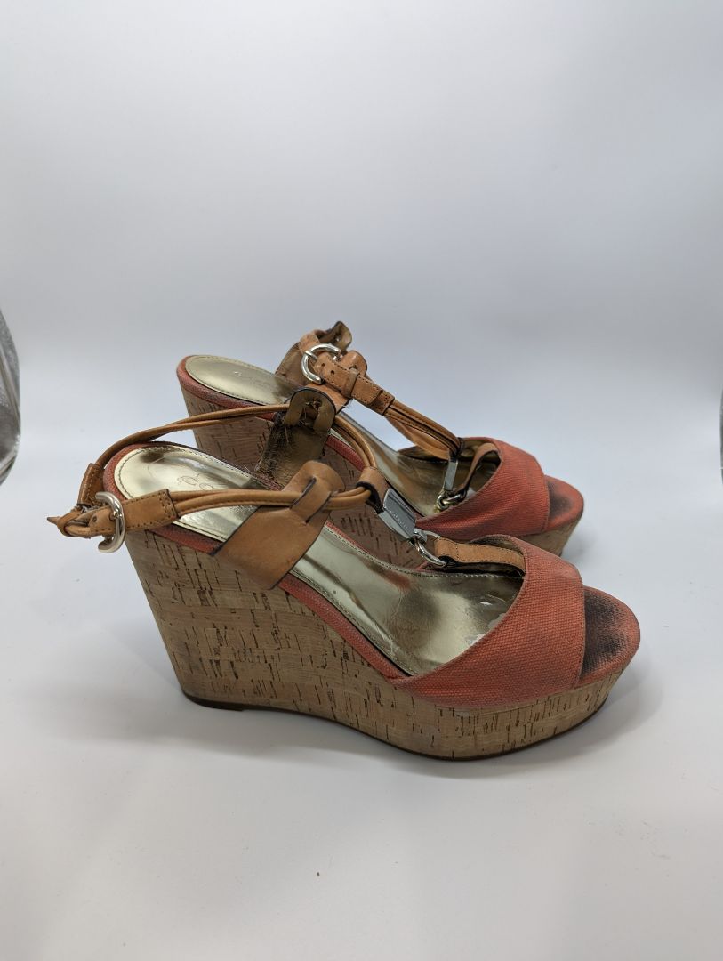 Coach Pink and Leather Ankle Strap Cork Wedges