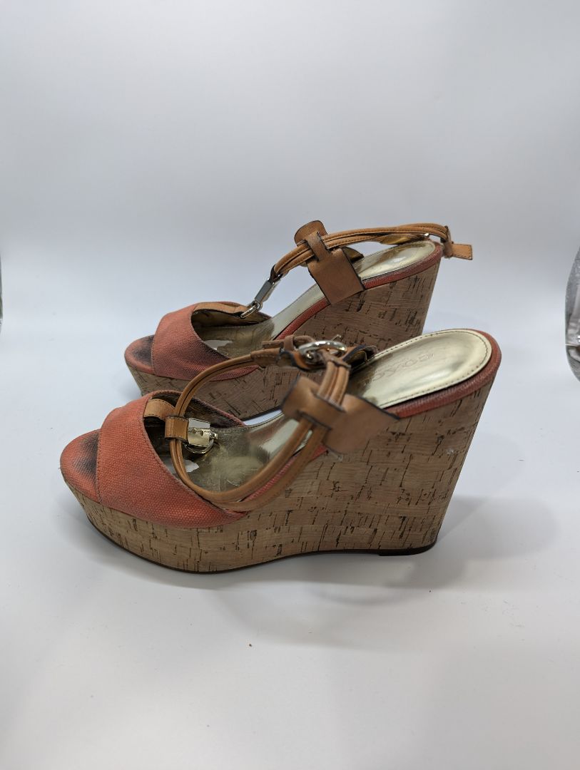 Coach Pink and Leather Ankle Strap Cork Wedges