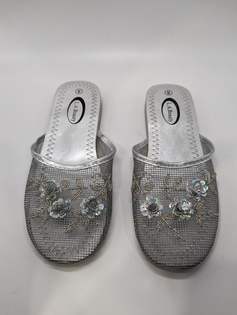 LA Beauty Silver Flower Embellished Mesh Sandal