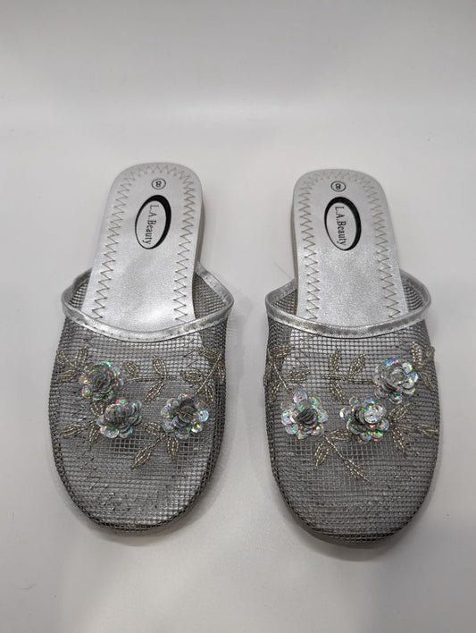 LA Beauty Silver Flower Embellished Mesh Sandal