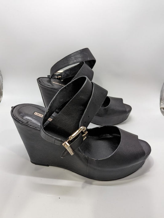 BCBGeneration Black Cross Ankle Strap Wedge Sandals