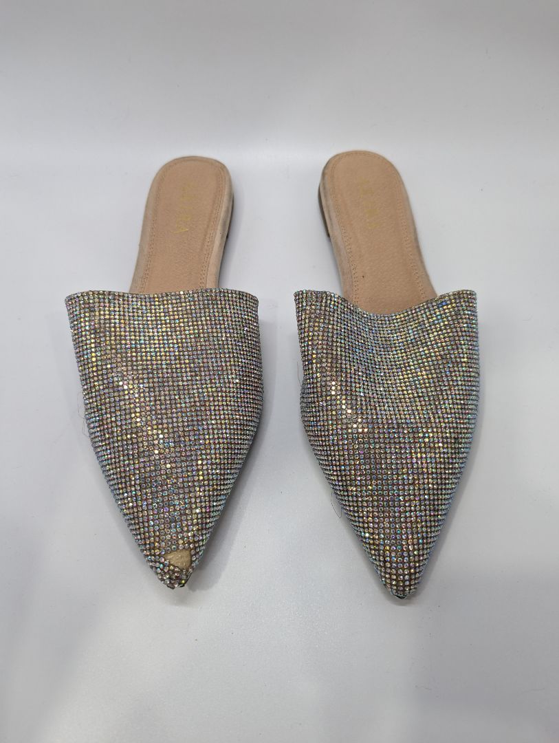 Silver Glitter Rhinestone Pointed Toe Slipon Flats