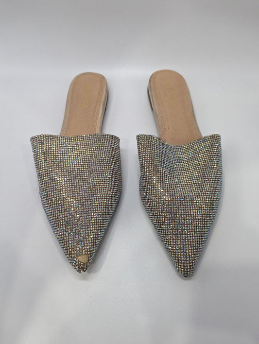 Silver Glitter Rhinestone Pointed Toe Slipon Flats