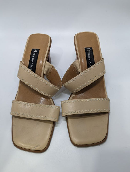 Etienne Aigner Tan Leather 2 Strap Block Heel Sandal