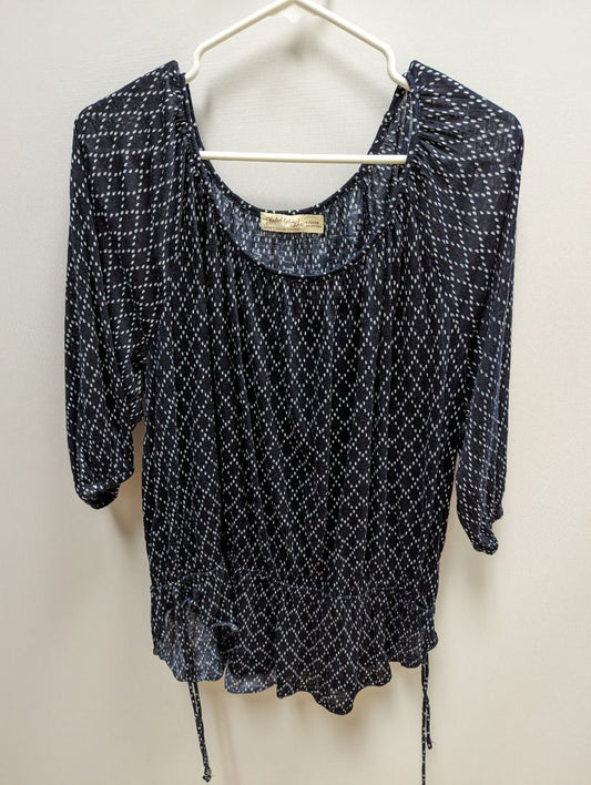 Faded Glory Navy and White Spotted Blouse with Ruched Waist