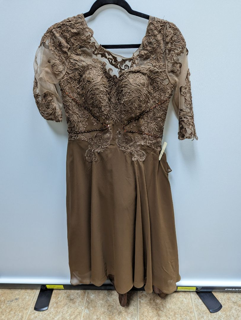 Brown Subtle High Low Embroidered Lace Corseted Dress