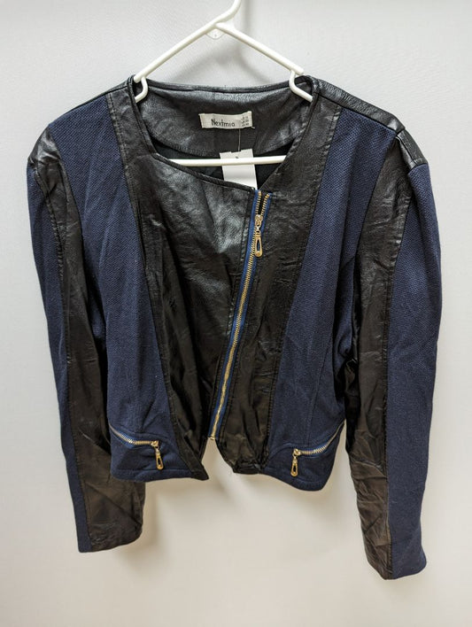 Nextmia Black and Navy Knit and Faux Leather Moto Jacket