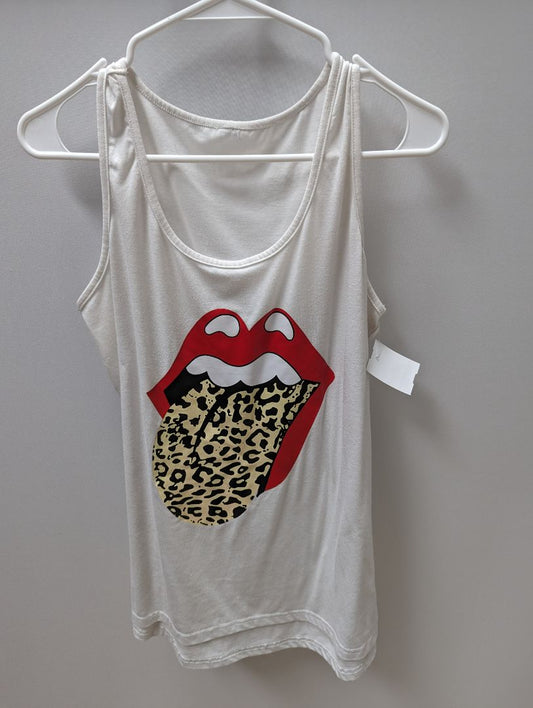 White Cotton Tank with Red Lips and Animal Print Tongue