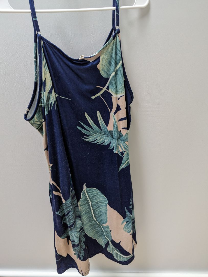 Navy Palm Floral Spaghetti Strap Sheath Dress