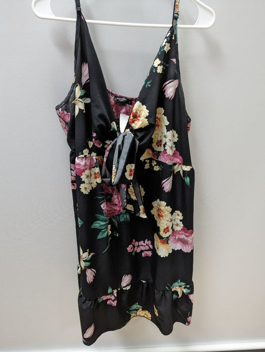 Shein Curve Black Floral V-Neck Bowtie Midi Dress