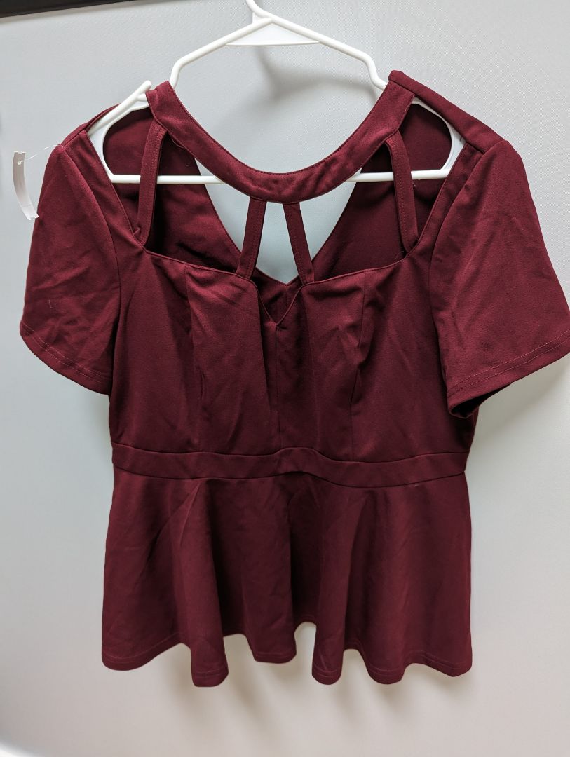 Burgundy Cutout Neck Short Sleeve Babydoll Blouse