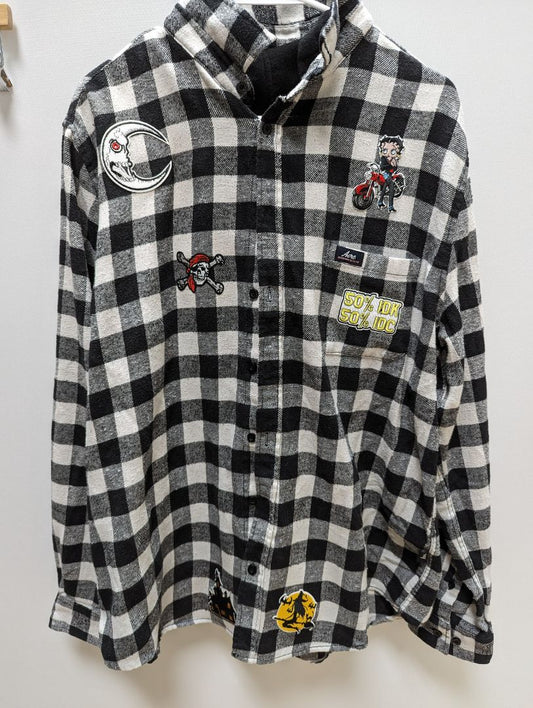 Aeropostale Black/White Plaid Upcycled Patched Flannel with Hood