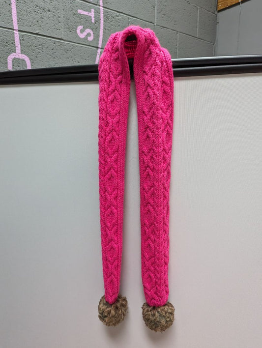 Pink Sweater Scarf with Brown Puff Balls