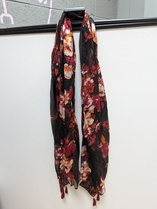 MIXIT Black and Red/Orange Floral Scarf with Tassels