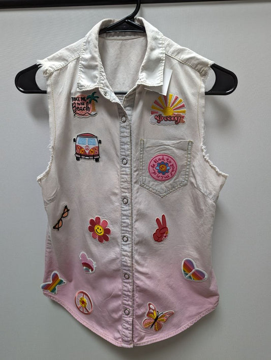 Recycled Threads White and Pink Themed Patched Upcycled Denim Vest