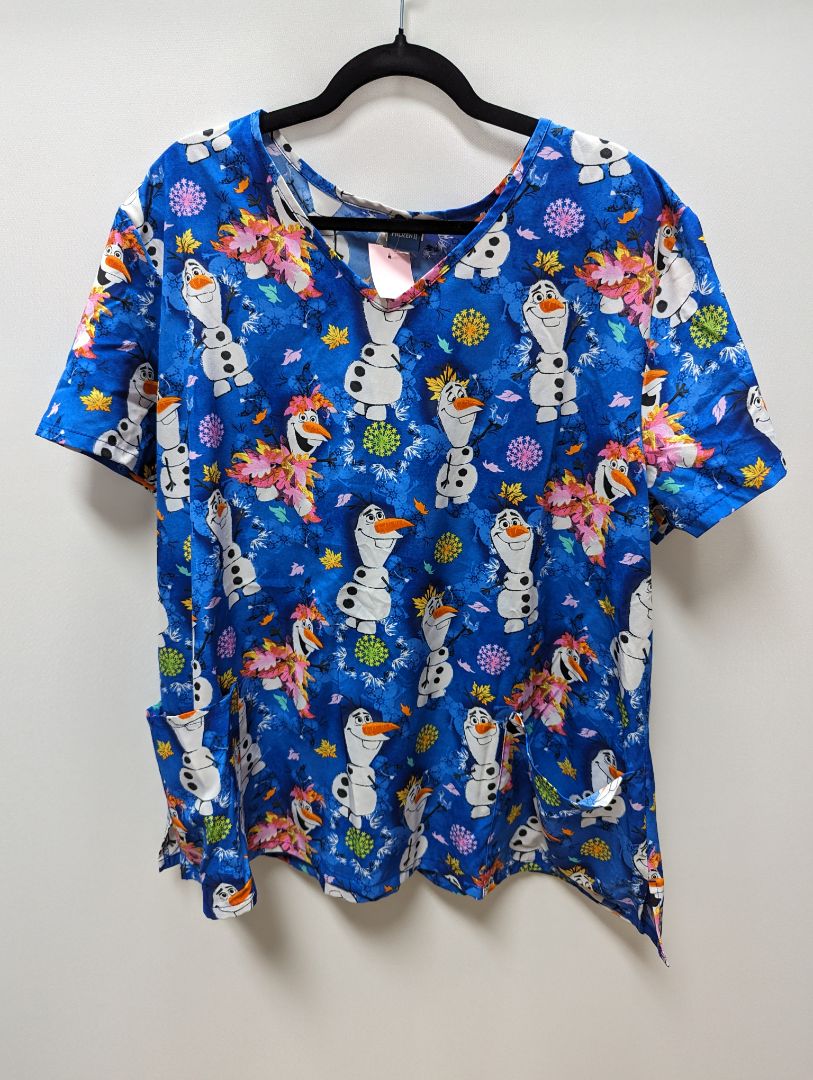 Disney Frozen 2 Blue Olaf Printed V-Neck Scrub Top