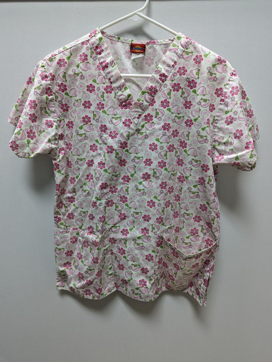 Dickies White/Pink/Green Floral Turtles Scrub Top