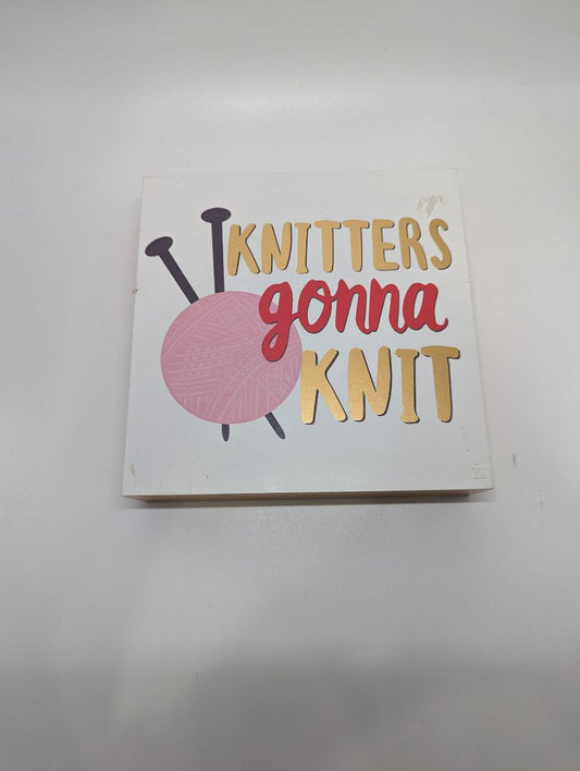 "Knitters Gonna Knit" Gold and White Knitting Wall Decor