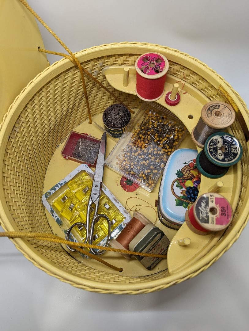 Yellow Vintage Basket Sewing Kit with Accessories