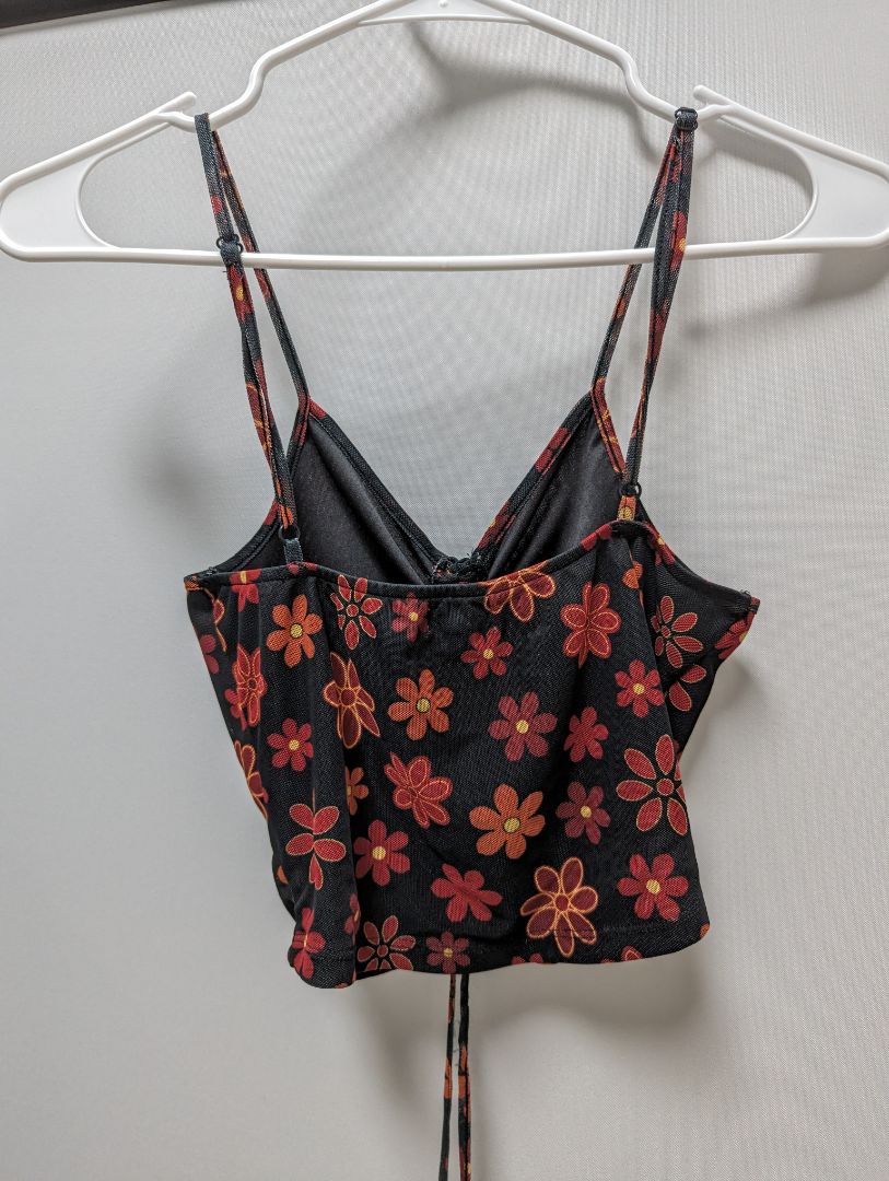 J for Justify Black/Red Floral Ruched Mesh Crop Top