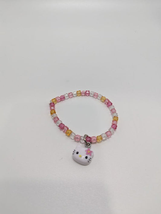 Pink, Yellow, White Beaded Hello Kitty Charm Stretchy Bracelet