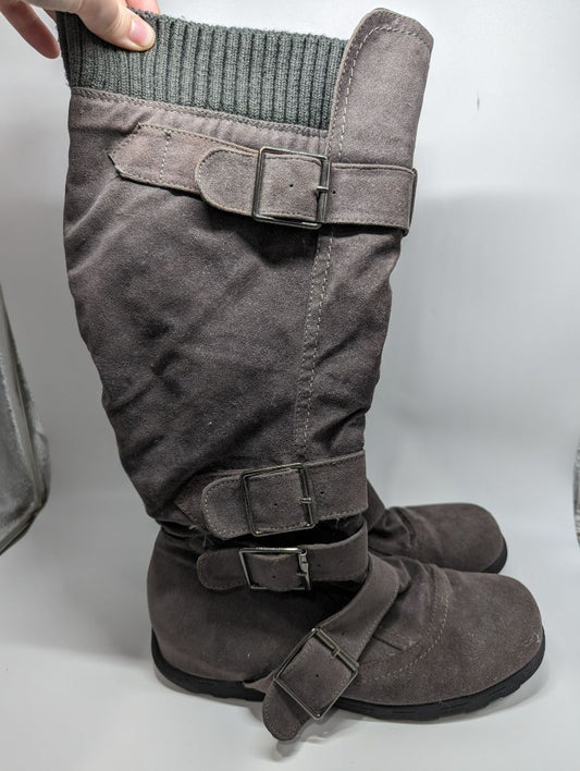 Grey Suede Knee-High Boots