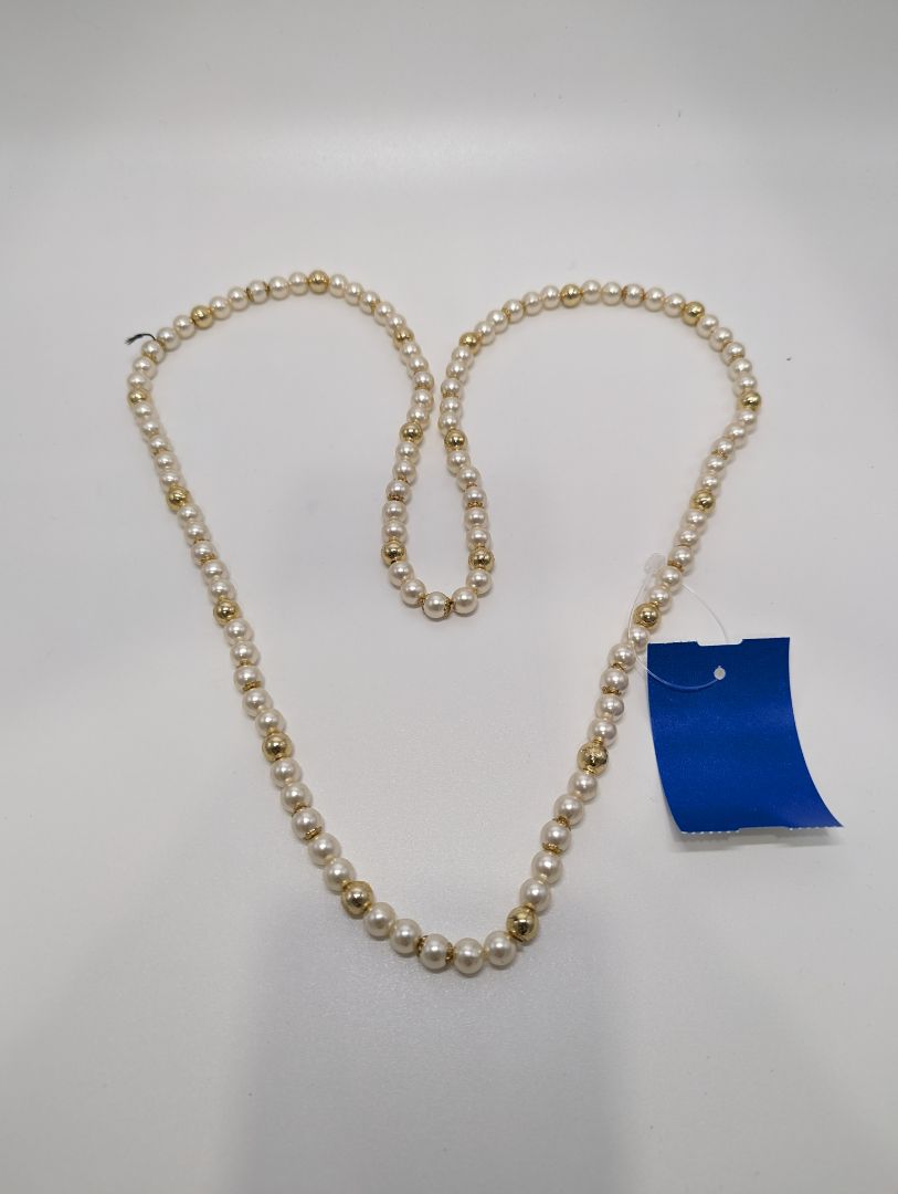 Ivory Faux Pearl and Gold Beaded Necklace (Long)