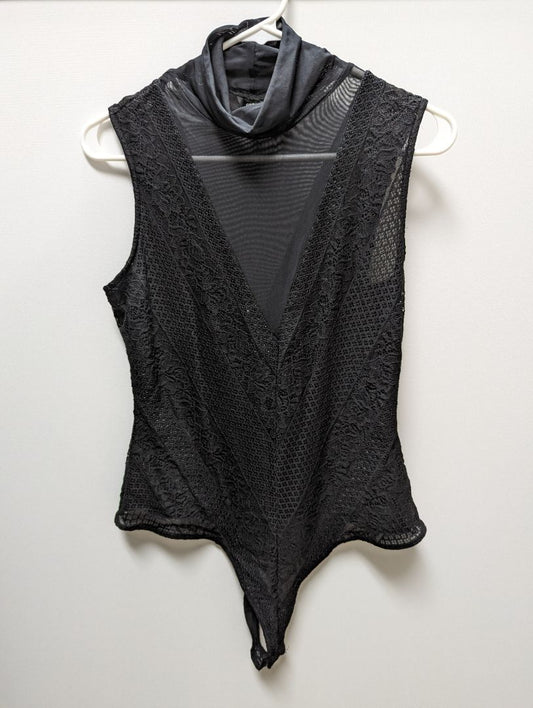 Guess Black Lace Mesh Turtleneck Bodysuit