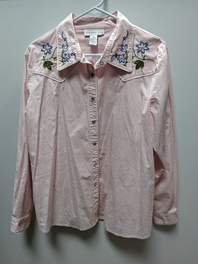 Susan Graver Pink Embroidered Button Up Blouse