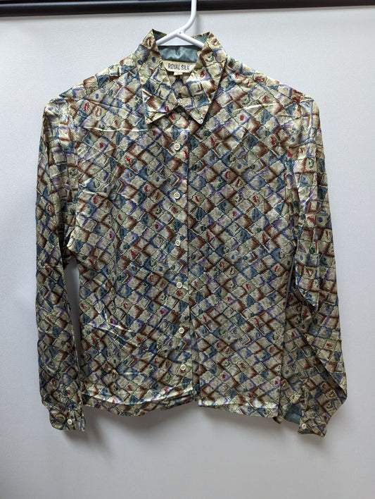 Royal Silk Multicolor Patterned Button Up Blouse