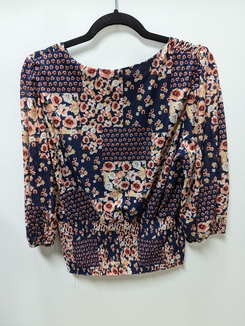 EMBER Navy/Pink Floral Ruched Blouse