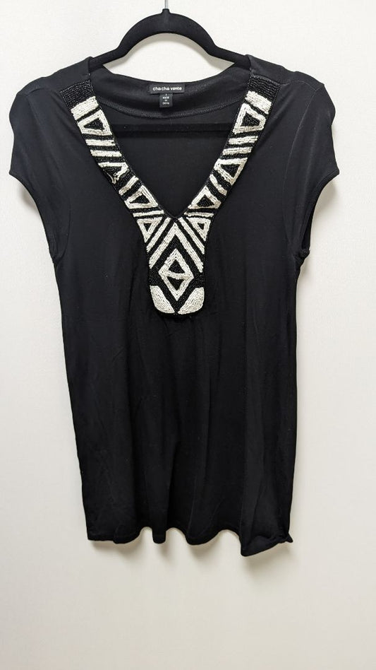 cha cha vente Black Beaded Neckline Tunic Blouse