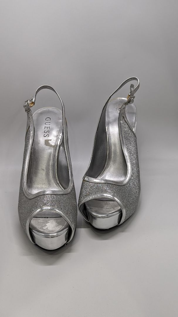 Guess Silver Glitter Sling Heels